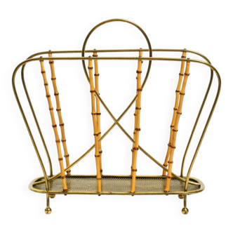Rare Mid Century Modern magazine rack made of solid brass and genuine bambo