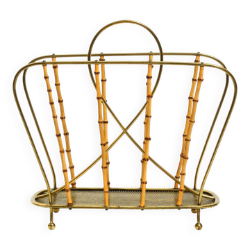 Rare Mid Century Modern magazine rack made of solid brass and genuine bambo