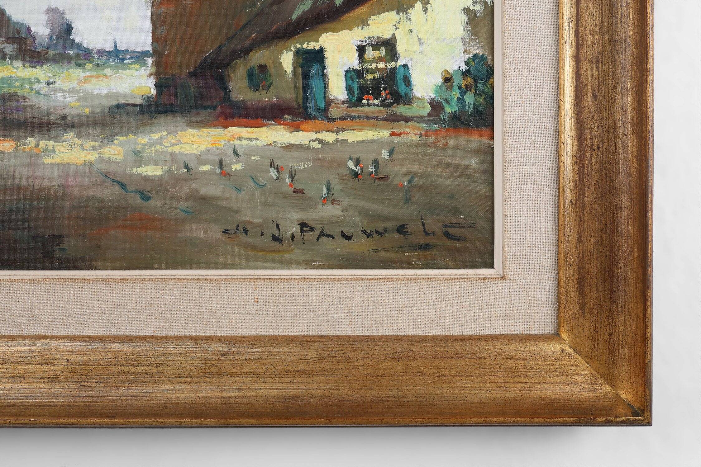 Belgian Painting of a farm scene with gilded wooden frame by Jos Pauwels, 1