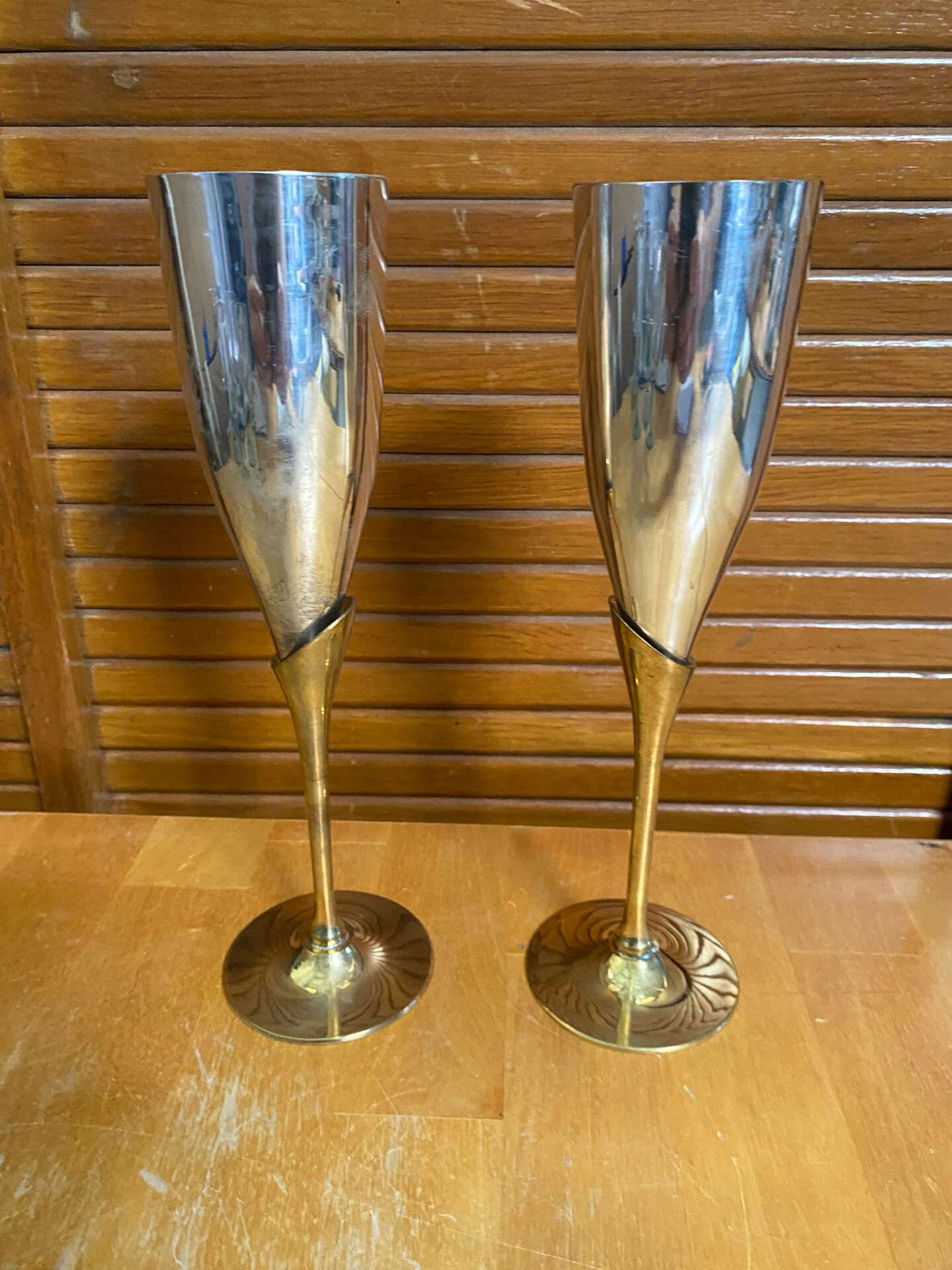 Paire Flûte Champagne Métal Chromé + Doré Vintage #E368