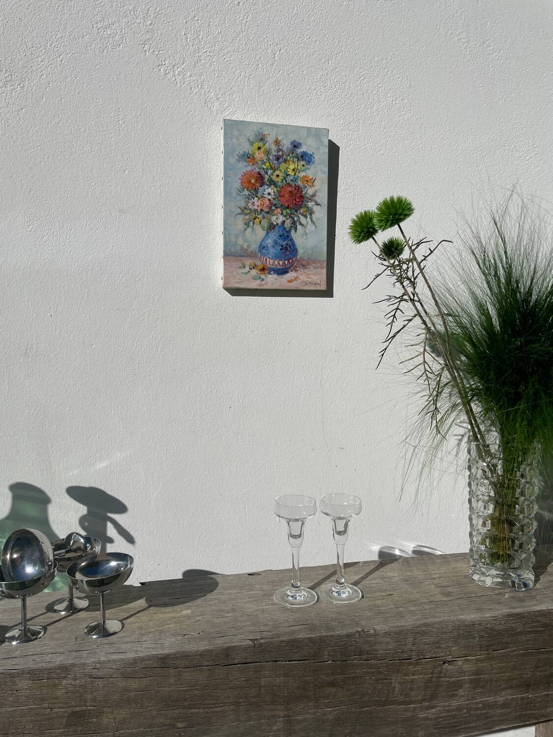 Pair of clear glass candlesticks, signed