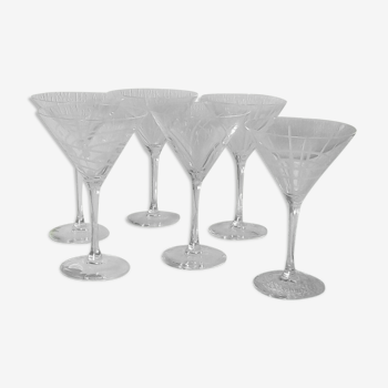 6 verres a cocktail en cristal décor taillé et gravé