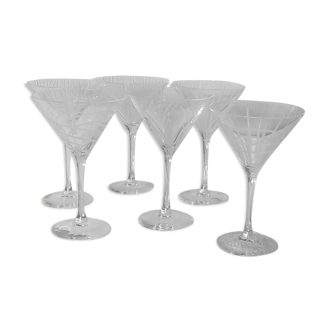 6 verres a cocktail en cristal décor taillé et gravé