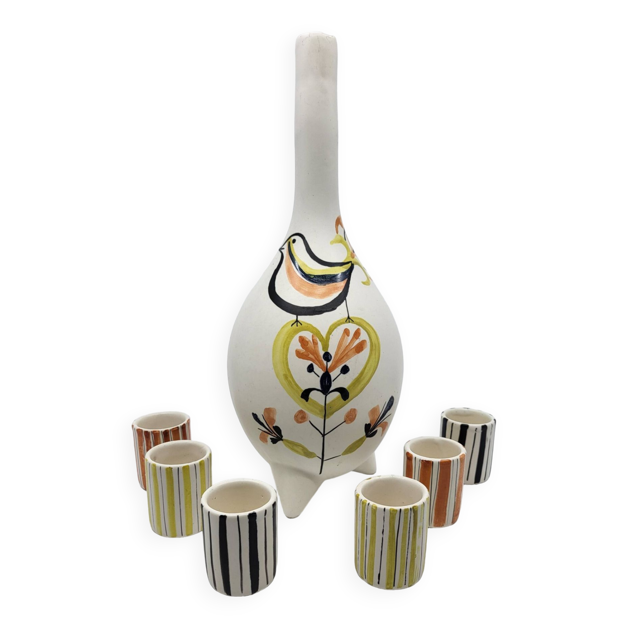 Roger Capron liqueur service bottle and 6 cups in French ceramic Vallauris