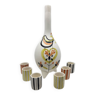Roger Capron liqueur service bottle and 6 cups in French ceramic Vallauris