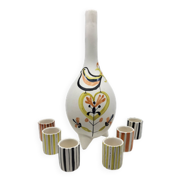 Roger Capron liqueur service bottle and 6 cups in French ceramic Vallauris