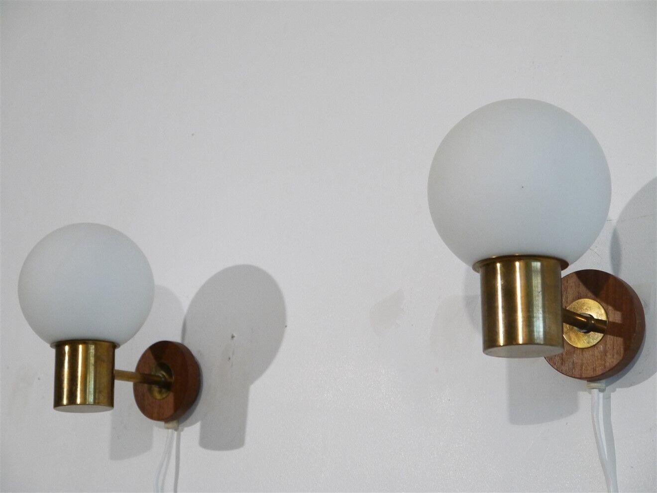 Pair of danish vintage teak and opaline wall lamps 1960