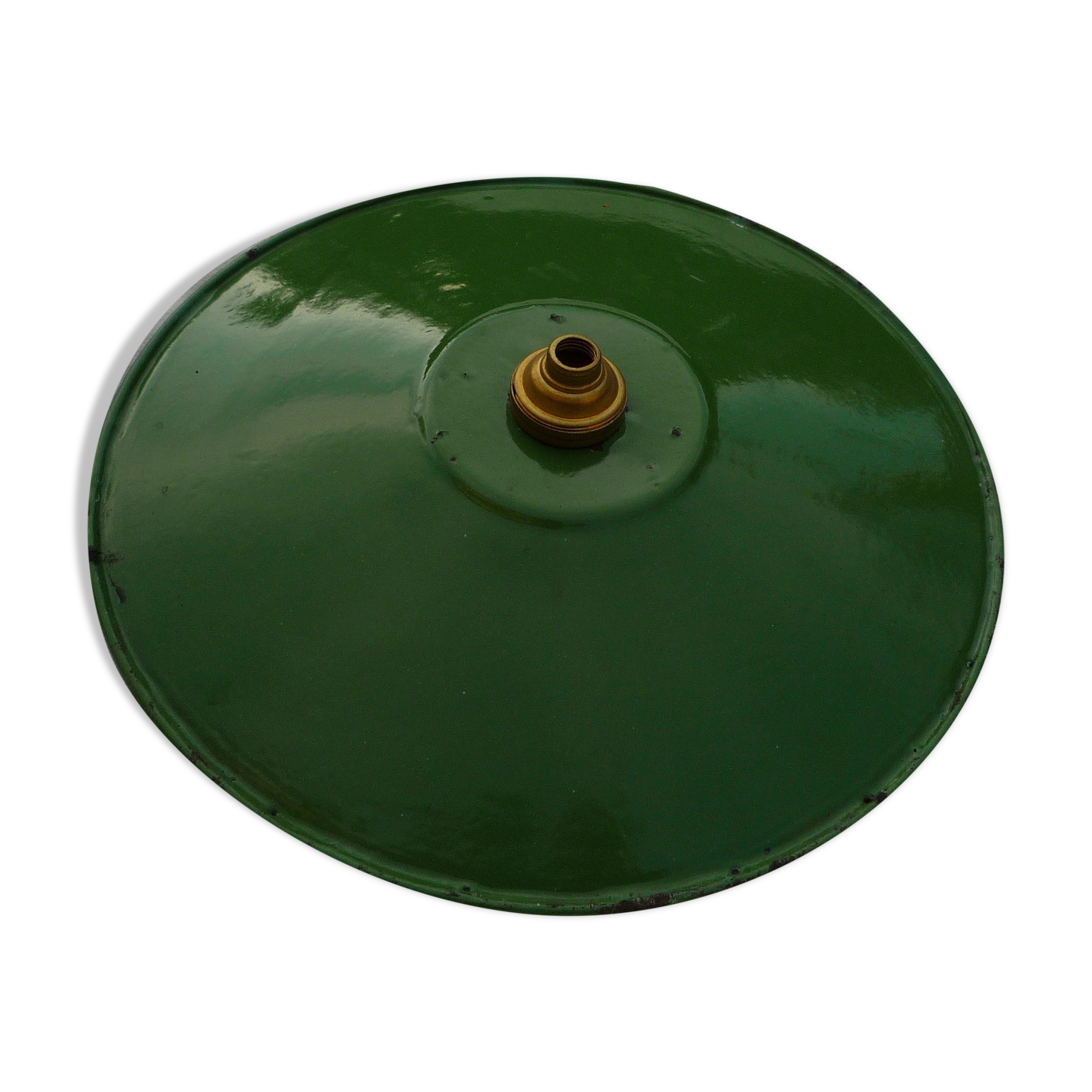Old suspension in green enamelled sheet metal and brass socket to hang
