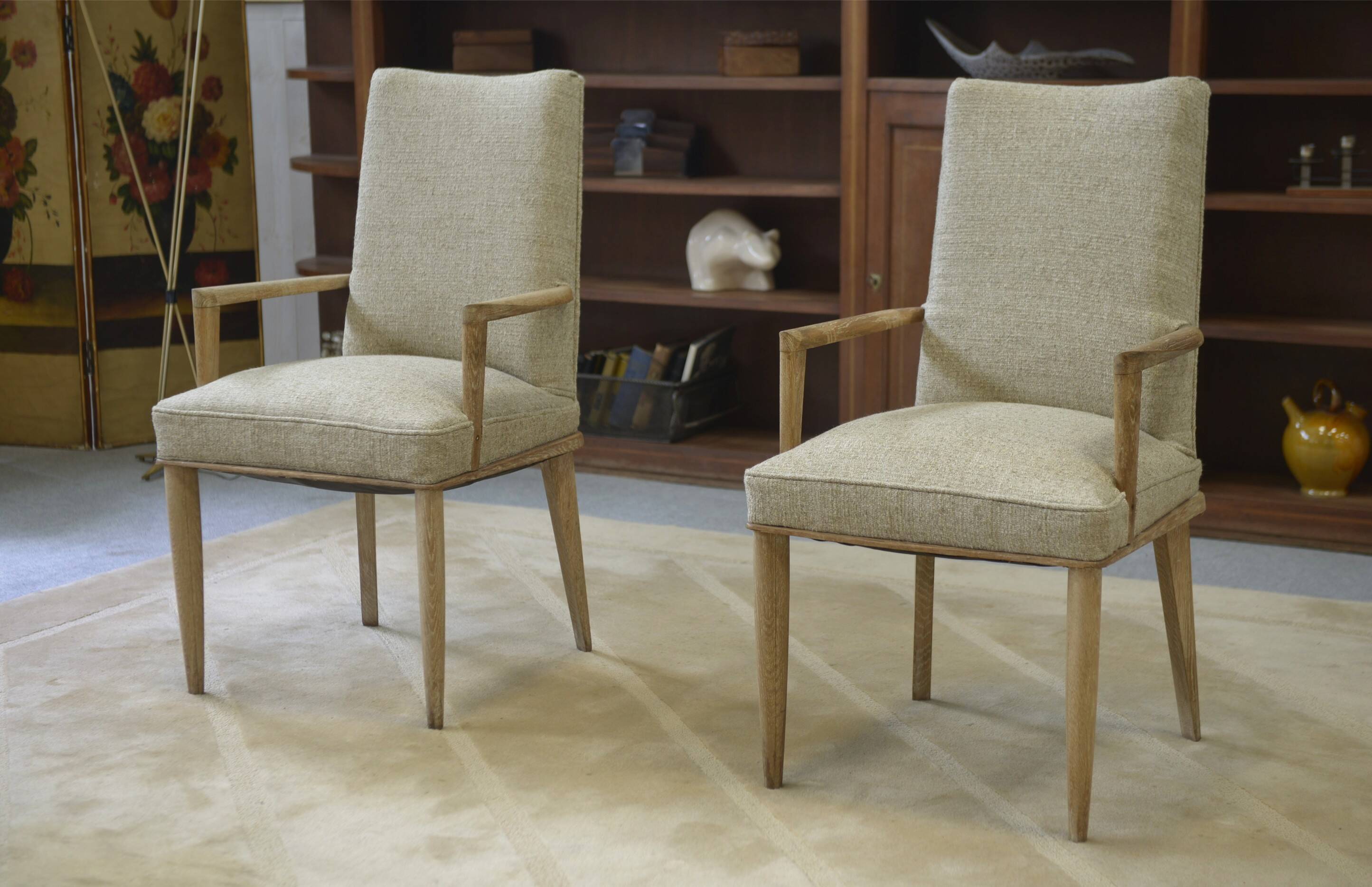 Rare pair of cerused oak armchairs, confidential creation attributed to Suzanne Guiguichon, 1940s.