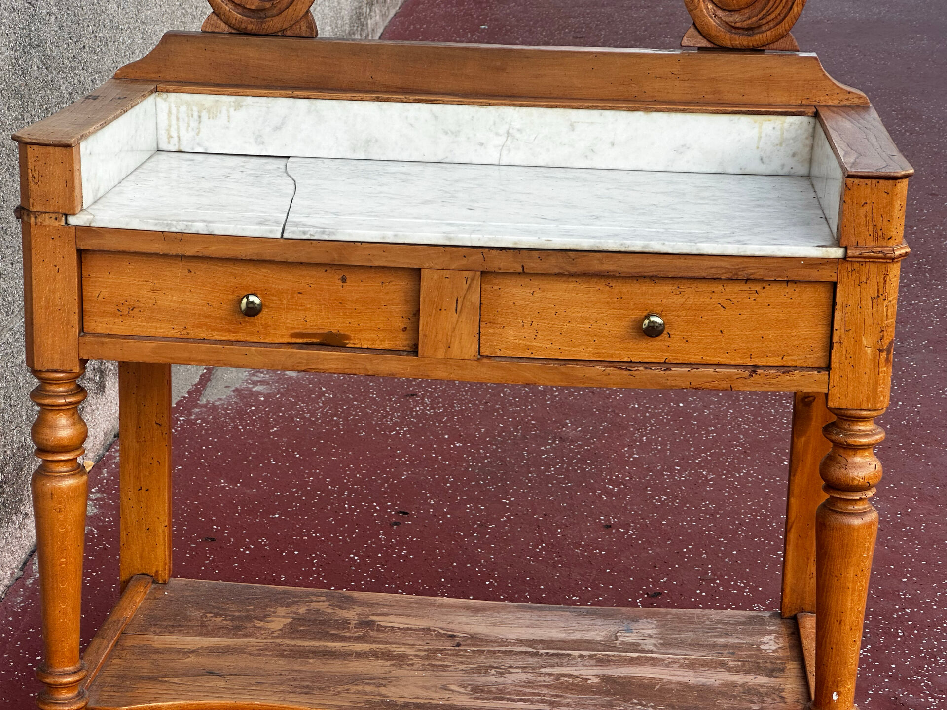 Walnut and marble dressing table, mercury mirror, circa 1850.
