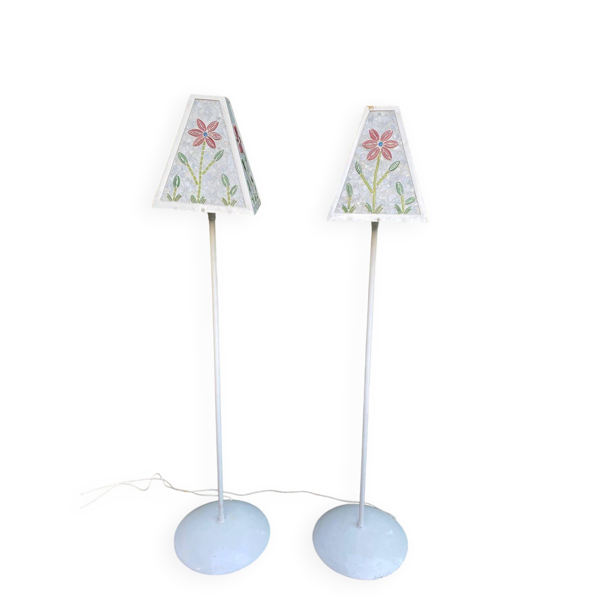 Pair of vintage mosaic glass lamps — Floral patterns