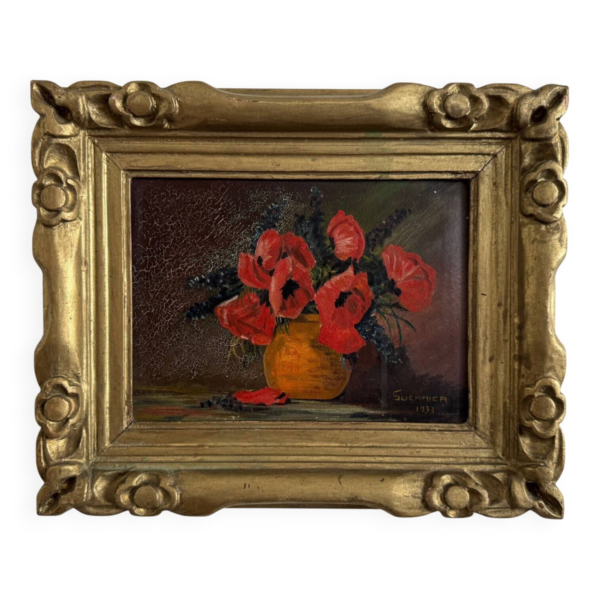 Huile sur panneau par Suefirier 1933 nature morte aux coquelicots
