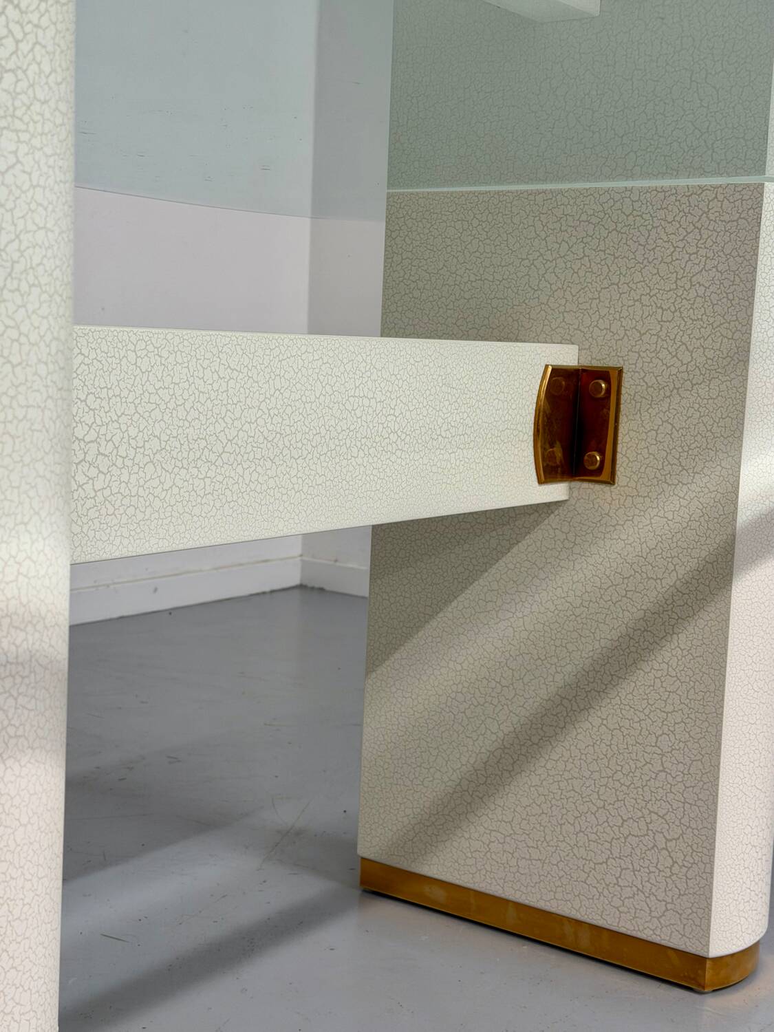 Thonet designer glass dining table with crackled lacquer finish, 1980s vintage