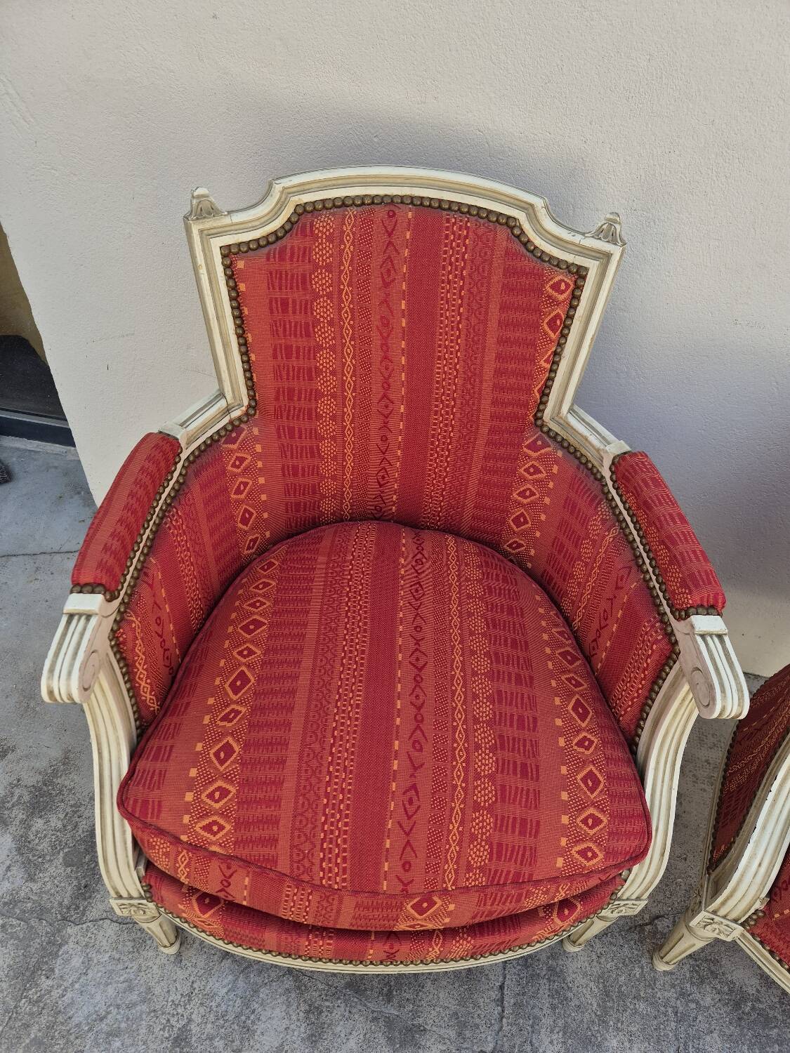 Pair of Louis XVI style bergère armchairs, antique.