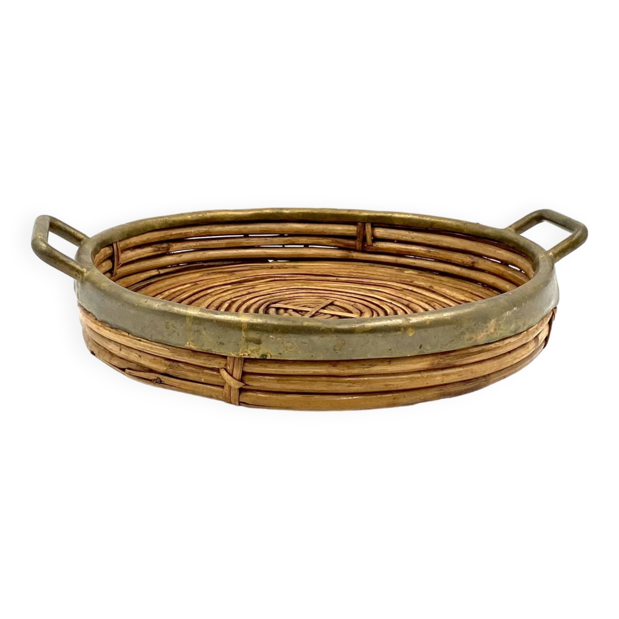 Hollywood regency brass and wicker vide poche, Italy ca. 1970