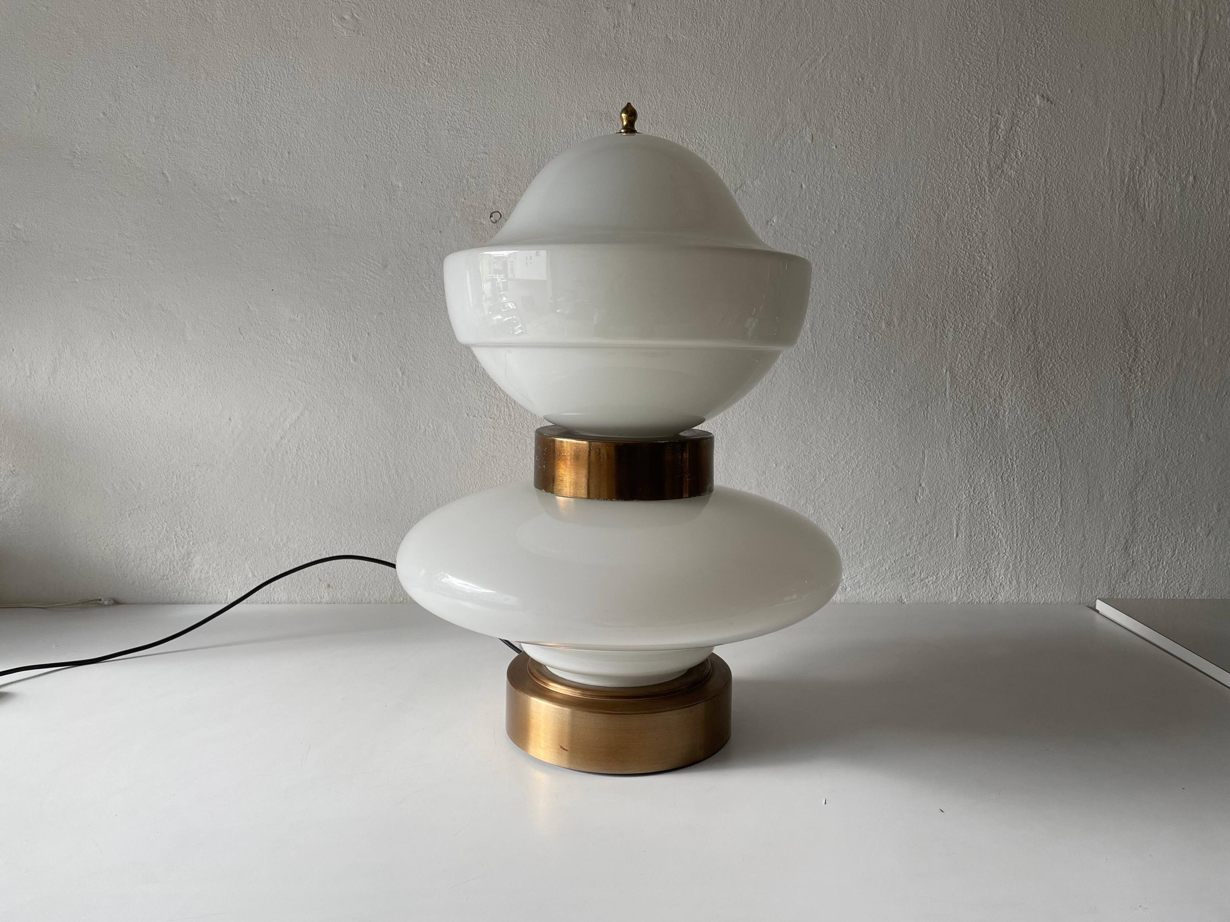 Large table lamp or floor lamp in opal glass and brass body, 1960s, Italy.