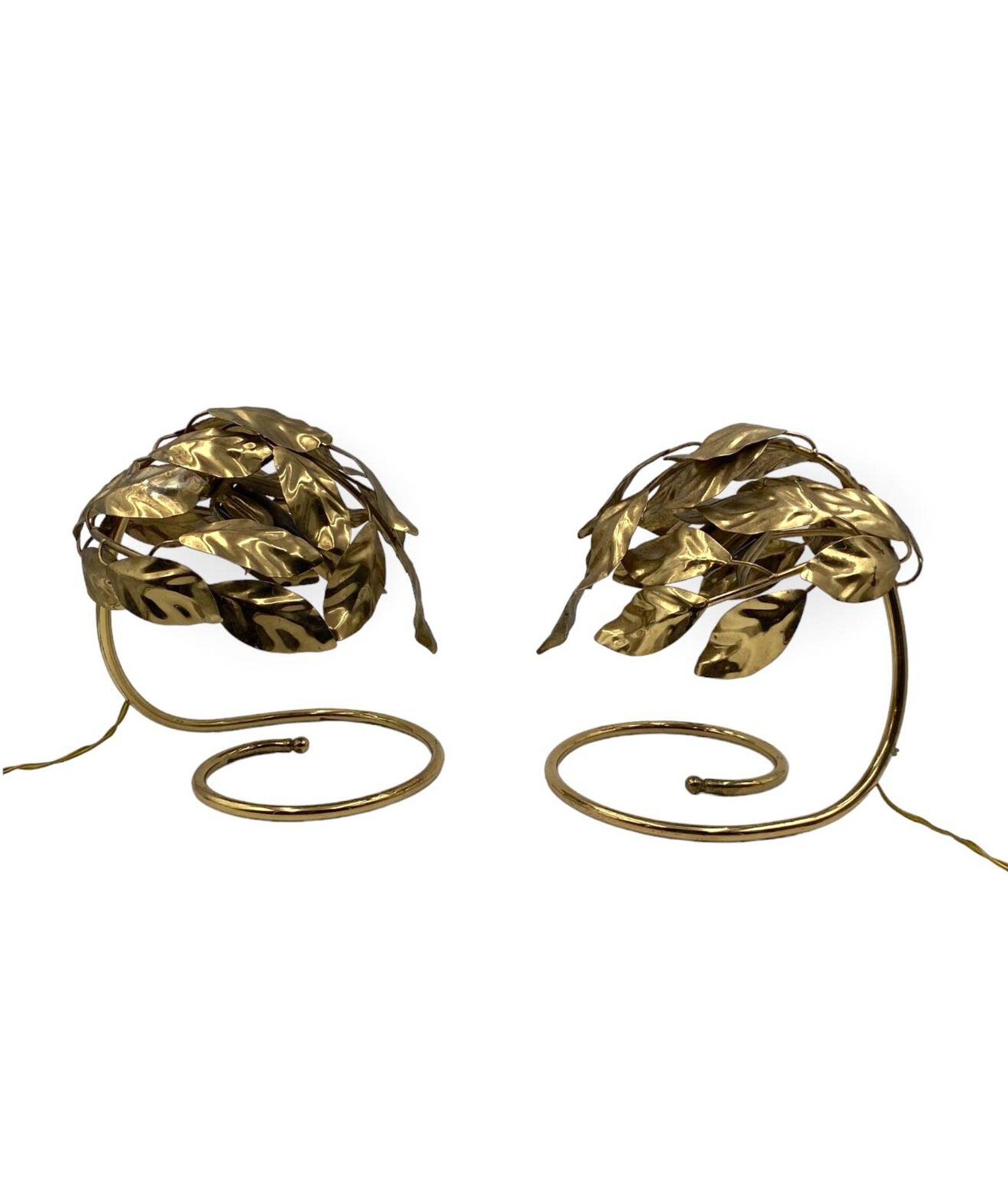 Hollywood regency set of 2 brass leaves table lamps, Bottega Gadda Italy, 1970s