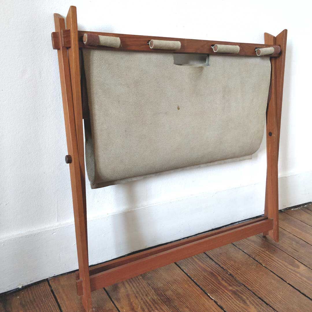Scandinavian teak and leather magazine holder