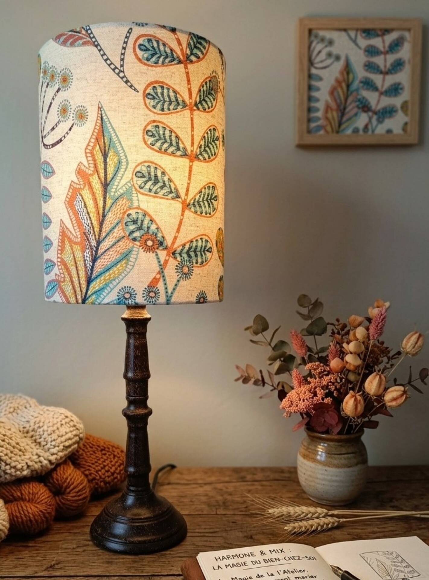 Aged metal table lamp, botanical shade