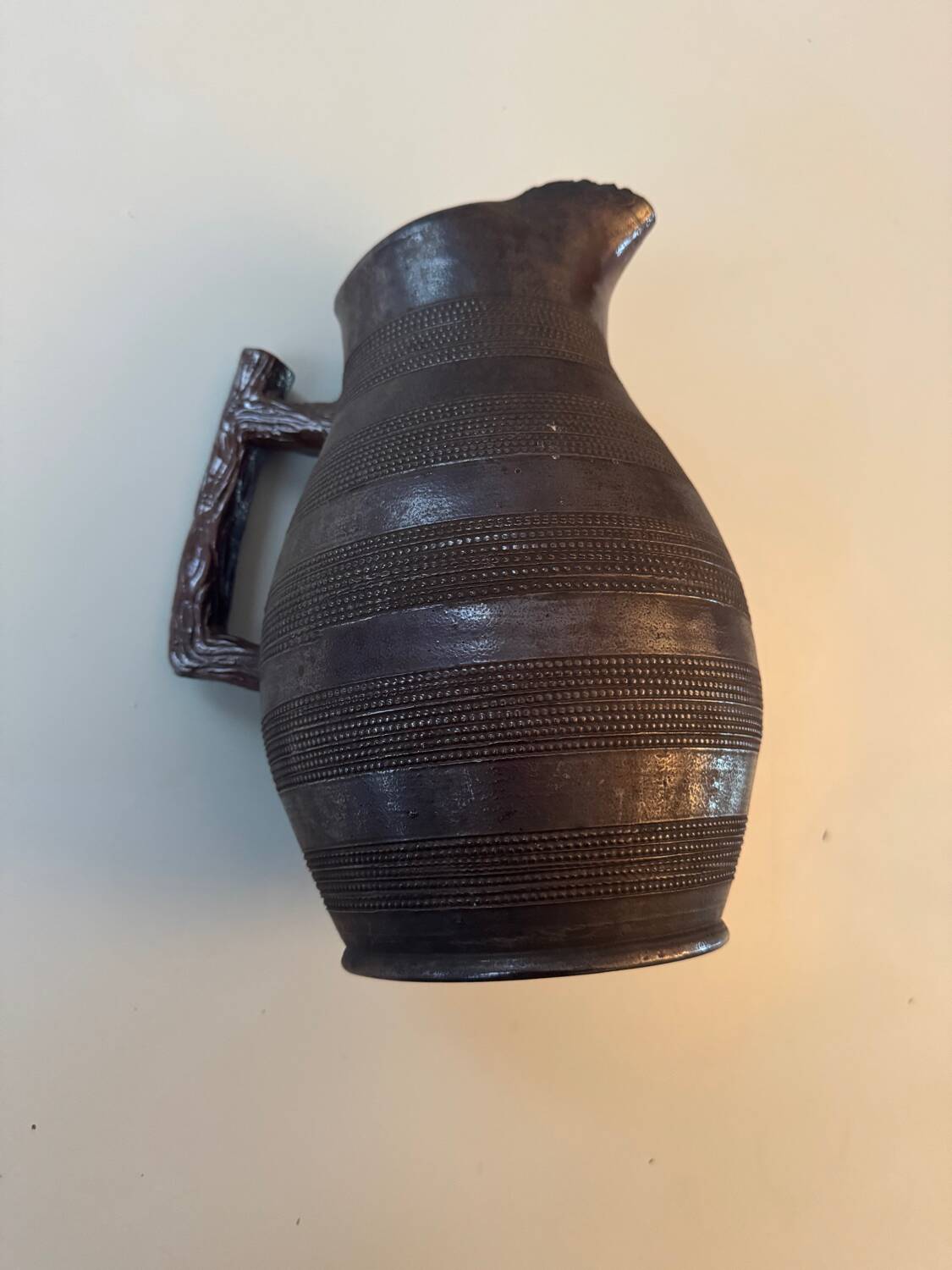 Large antique ceramic pitcher with glazed finish (sculpted stoneware) 1950