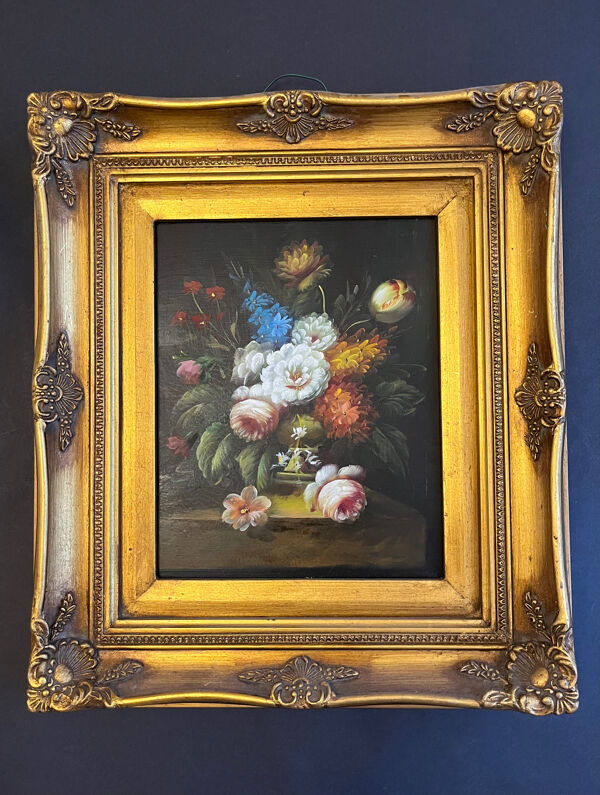 Huile sur panneau : nature morte aux fleurs