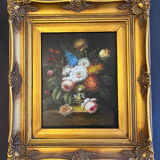 Oil on panel: still life with flowers