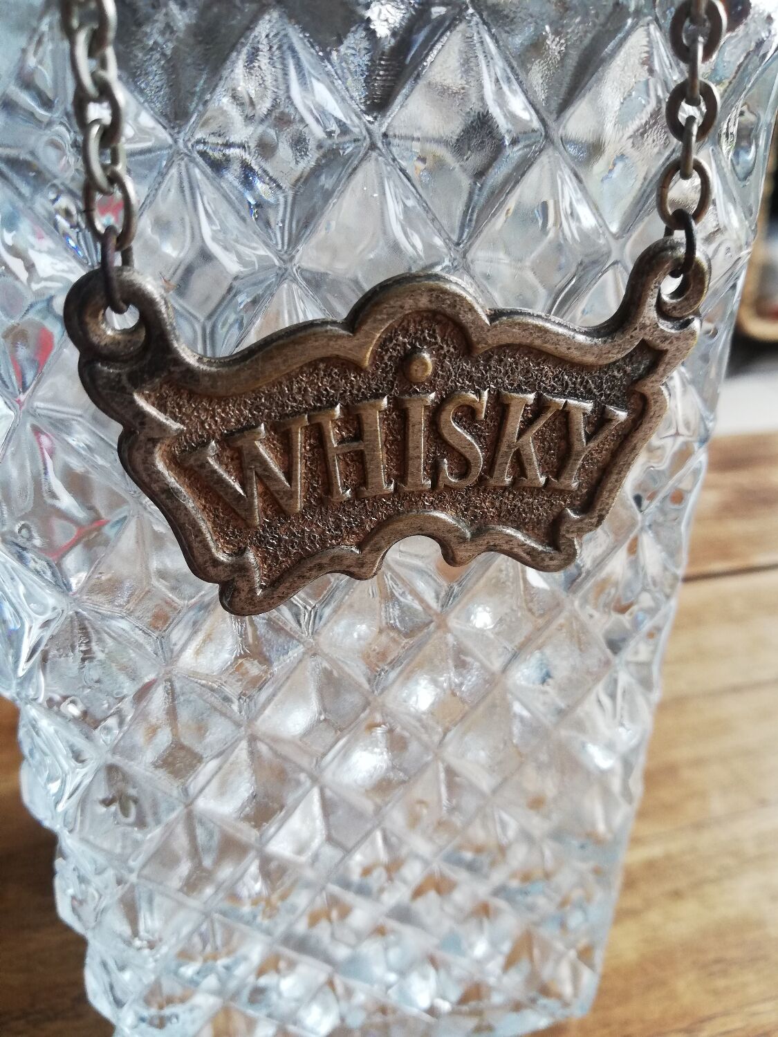 Cut glass whisky carafe with its collar marked "whisky".