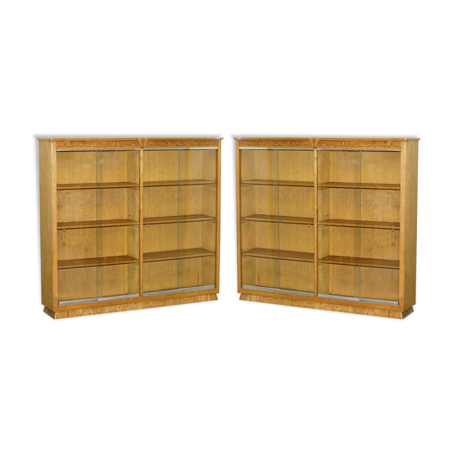 Paire de bibliothèques de bureau en chêne avec portes vitrées