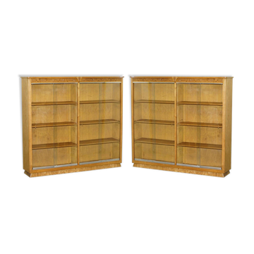Pair of oak desk bookcases with glass doors.
