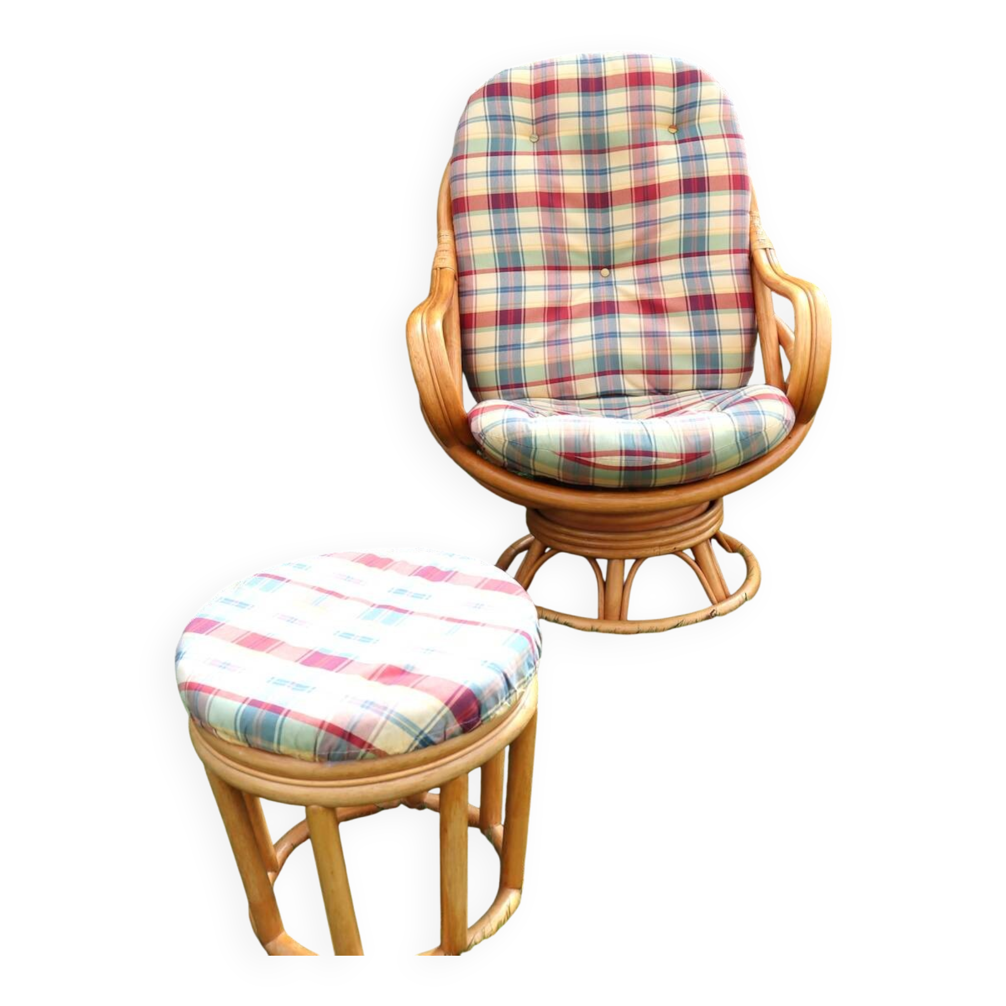 Swivel rattan armchair with matching ottoman