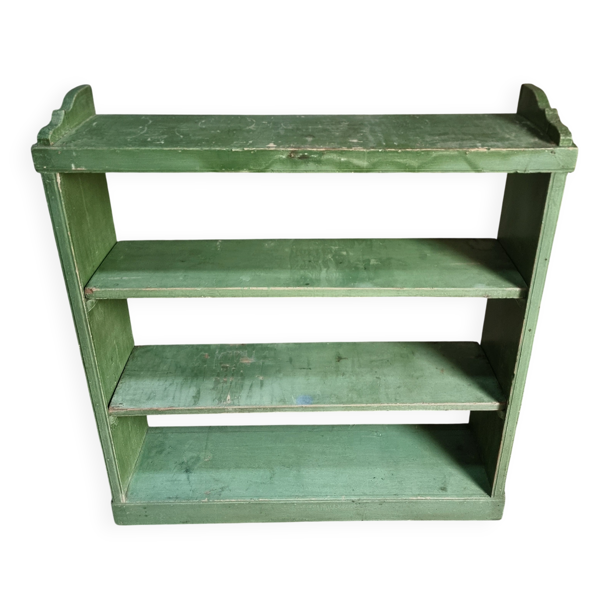 Vintage open pine shelf, original sage green paint, circa 1900–1930.