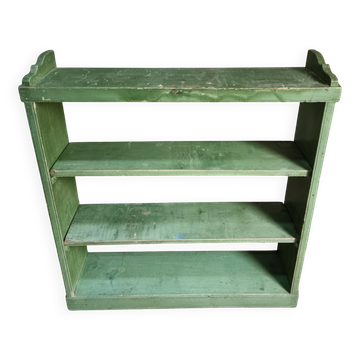 Étagère ouverte vintage en pin, peinture verte sauge d'origine, vers 1900–1930