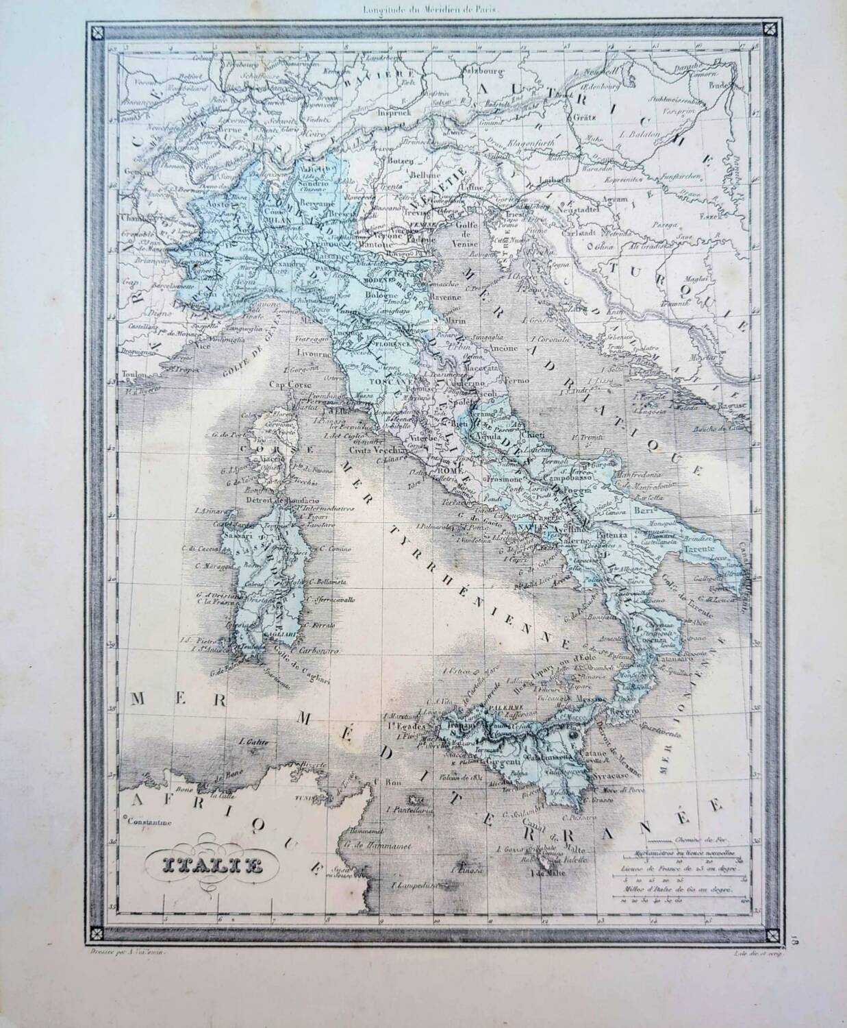 Italy, old map, printed in 1852.