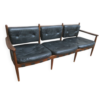 Cadett 3.seater sofa in teak and leather by Eric Merthen, Sweden 1960s