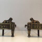 Paire de chenets d'époque Empire en bronze représentant des lions allongés