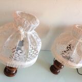 Pair of turned wooden bedside lamps and lace/vintage lampshade 60s-70s