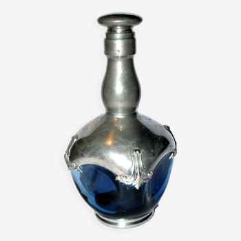Blue glass liqueur carafe mounted in pewter malta france