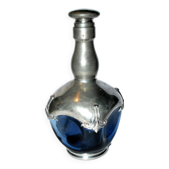 Carafe à liqueur en verre bleu montée en étain malta france