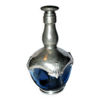 Blue glass liqueur carafe mounted in pewter malta france