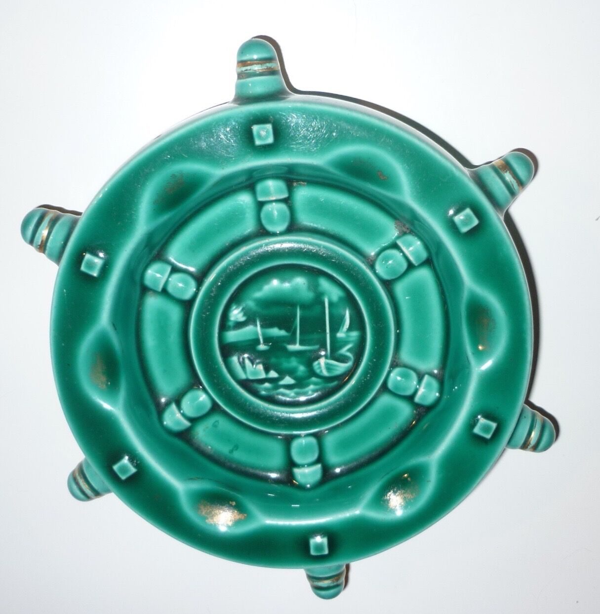 Vallauris green and gold boat wheel ashtray