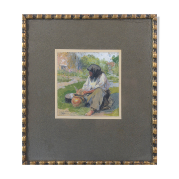 Peasant Lady Smoking a Pipe While Working - Framed Watercolour