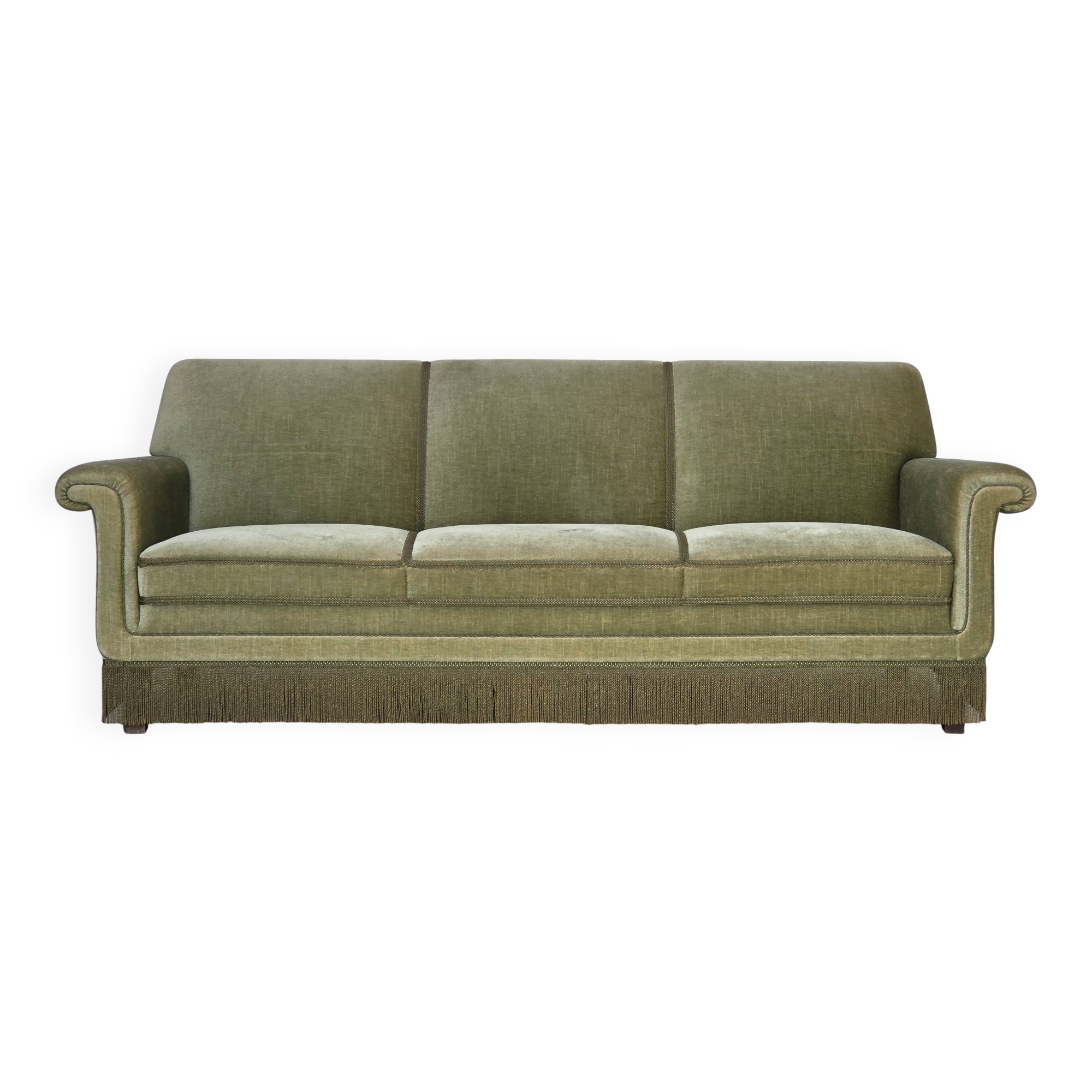 1970s, Danish 3-seater sofa, green furniture velour, beech wood.