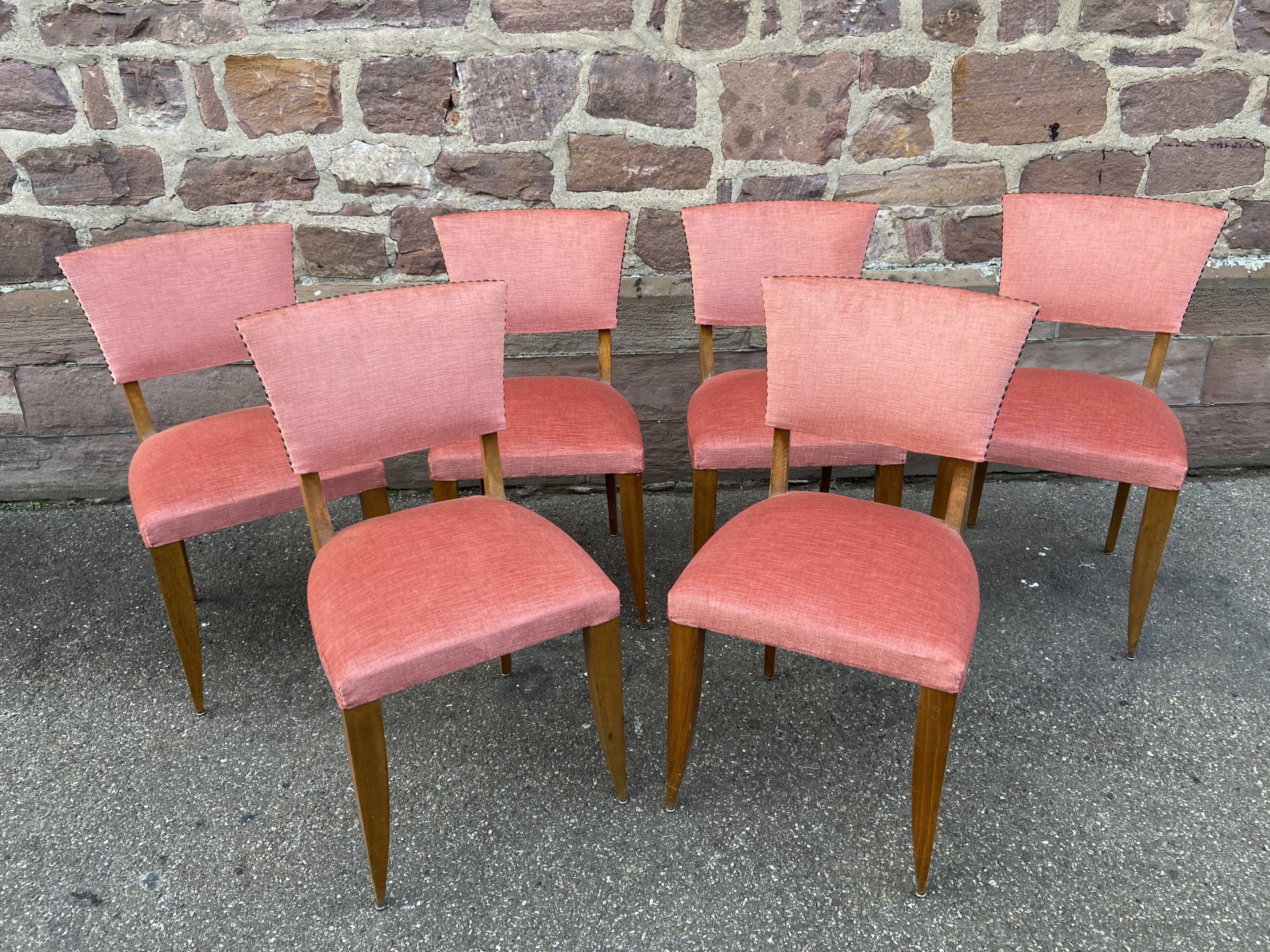 Suite of 6 art deco chairs 1950 walnut & pink velvet