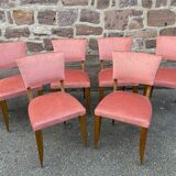 Suite of 6 art deco chairs 1950 walnut & pink velvet
