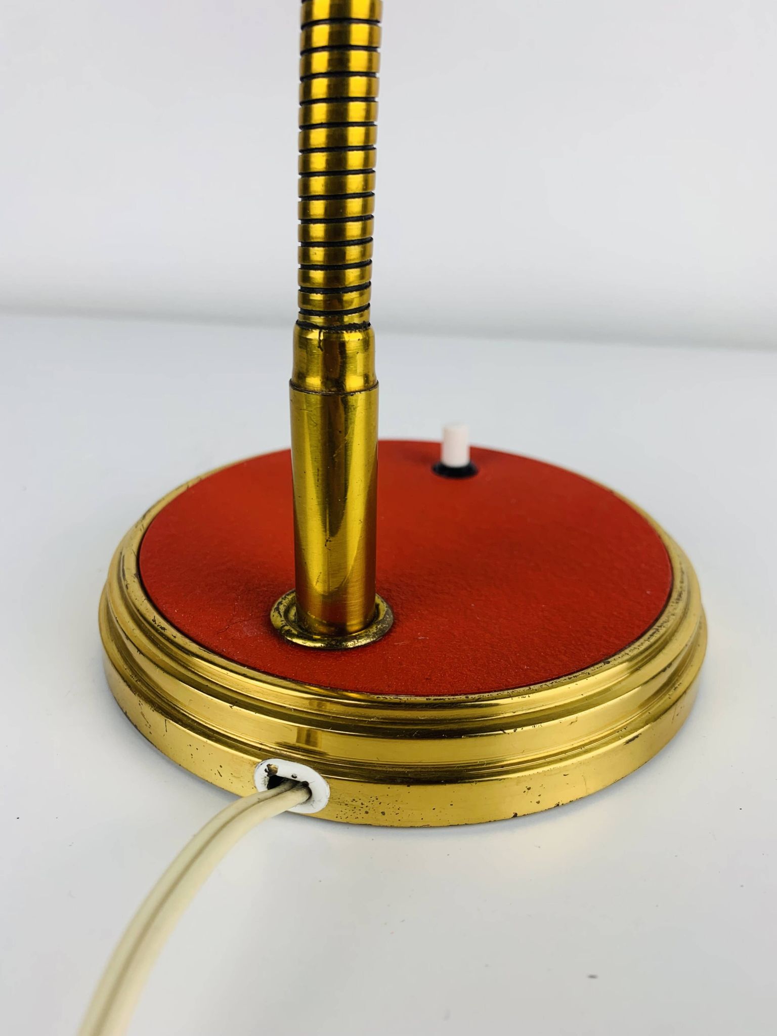 1950s desk lamp, red metal and brass