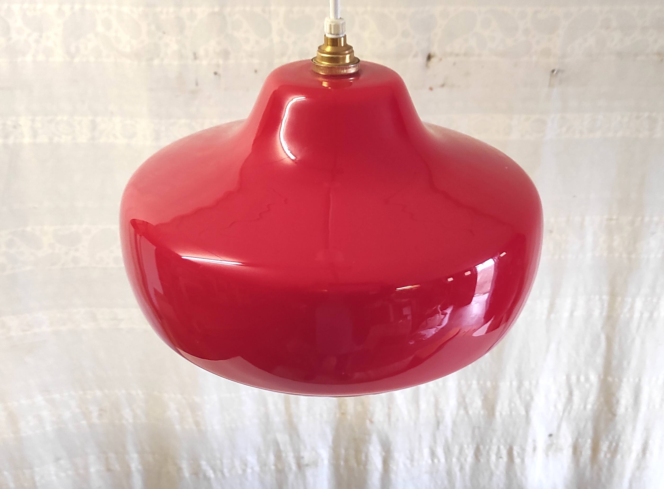 Vintage red glass pendant light from the 70s