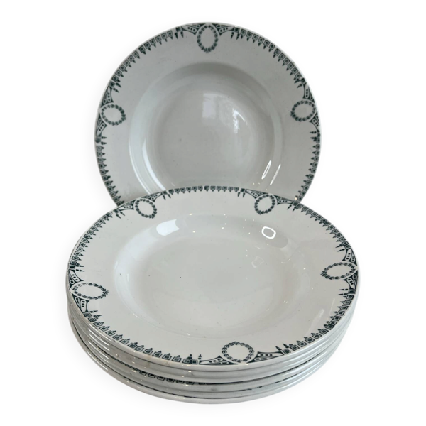 Lot de 7 assiette creuses en faïence,décor frise verte