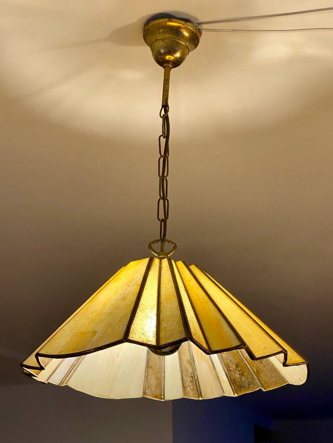 Glass paste and brass umbrella pendant light, 1970