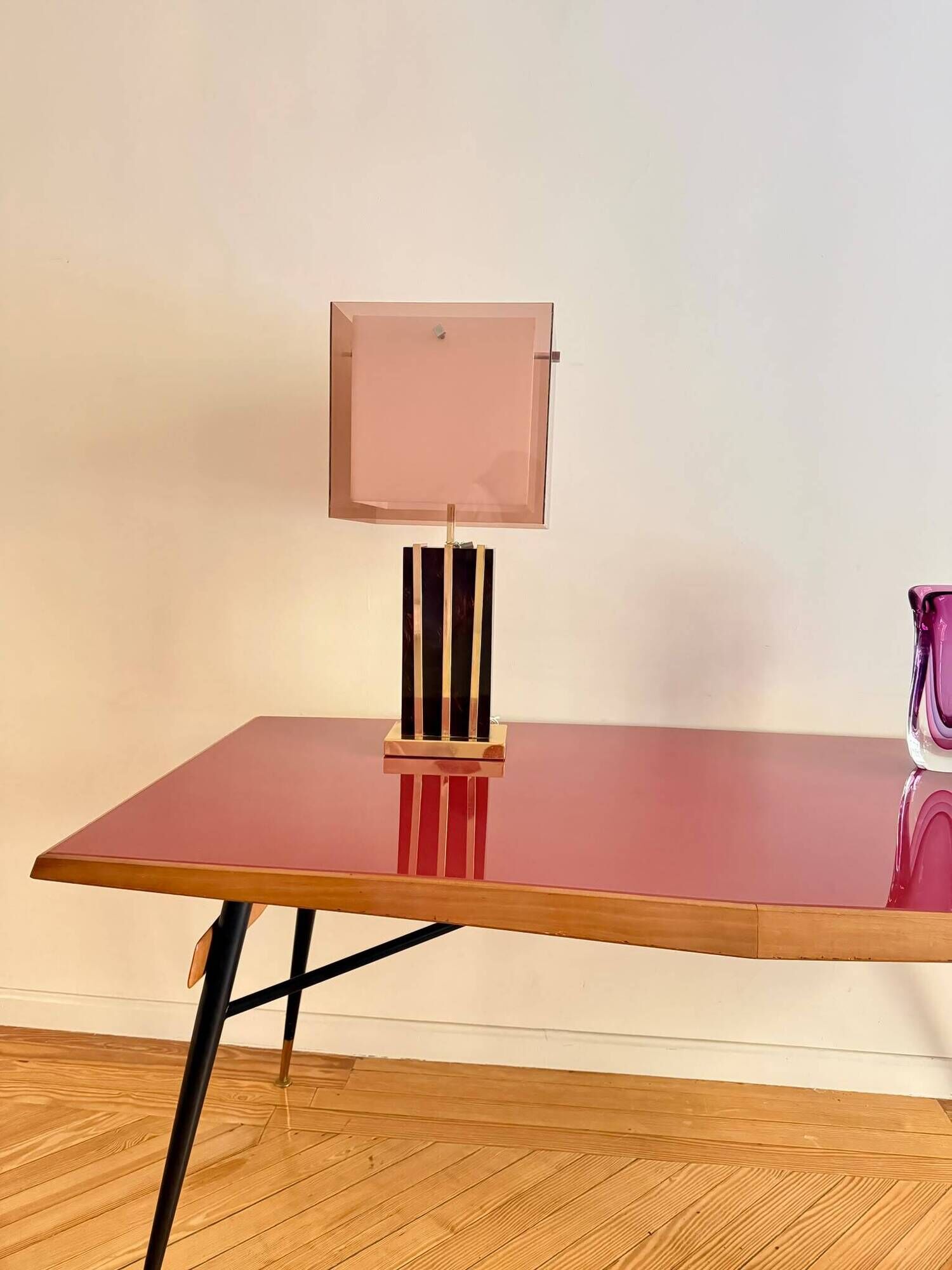 Original table by Ico Parisi with a structure of wood, metal, and stained glass.