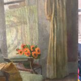 Old painting 1950 interior scene oil on canvas green armchair signed